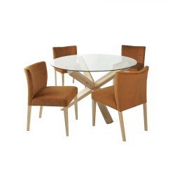 Обеденный набор TURIN с 4 стульями (11325), стол со стеклянной столешницей и дубовыми ножками, стулья из оранжевой барха
