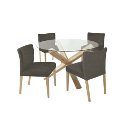 Обеденный набор TURIN с 4 стульями (11329) стол со стеклянной столешницей и дубовыми ножками, стулья из темно-серой барх