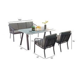 Aiamööbli komplekt KAHLA laud, diivan ja 2 tooli, hall