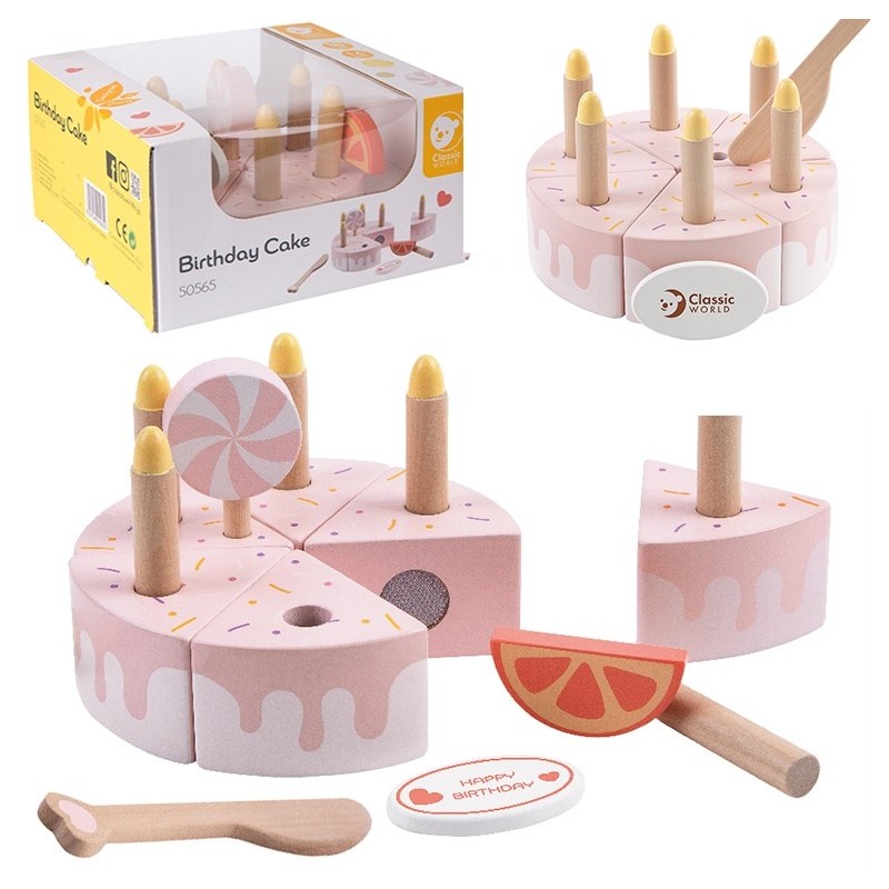 CLASSIC WORLD Wooden Birthday Cake for Cutting Candles Fruit 16 pcs.