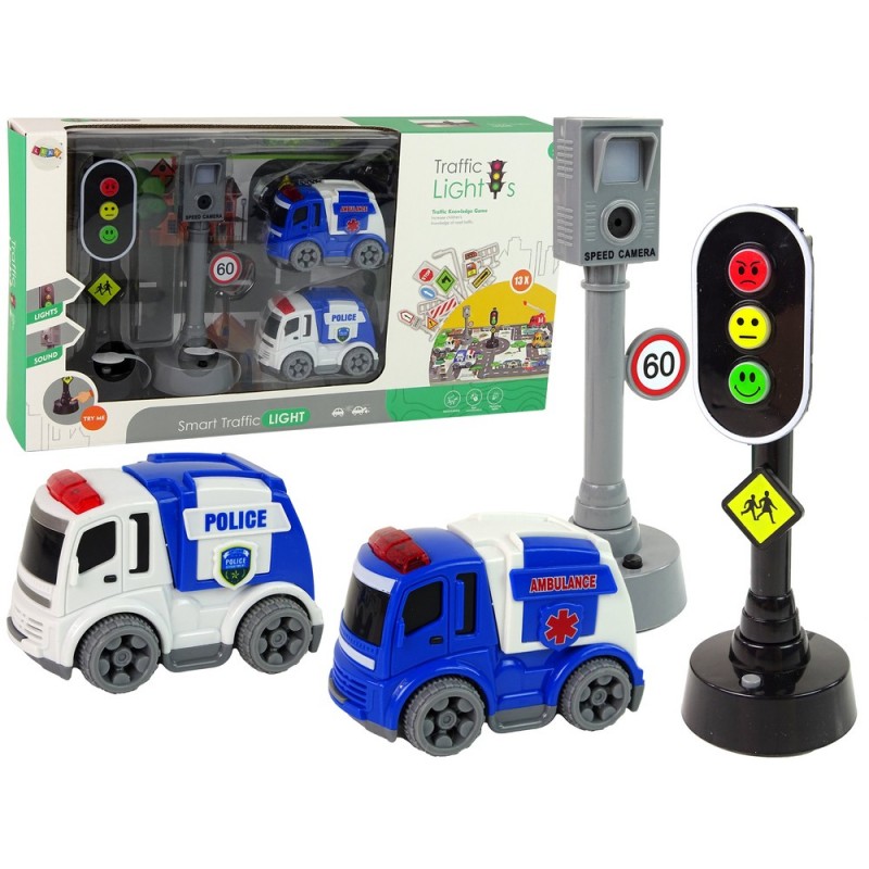 Set of Cars with Traffic Lights and Road Signs