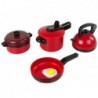 A set of red kitchen utensils pots