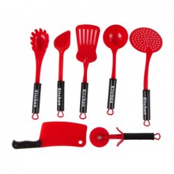 A set of red kitchen utensils pots