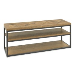 TV table   shelf INDUS 116x37xH45cm, mosaic oak veneer top, grey metal frame'