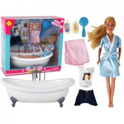 Children's Doll Long Blonde Hair Blue Bathrobe Bathtub Bathroom