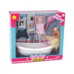 Children's Doll Long Blonde Hair Bathrobe Pink Bathtub Bathroom