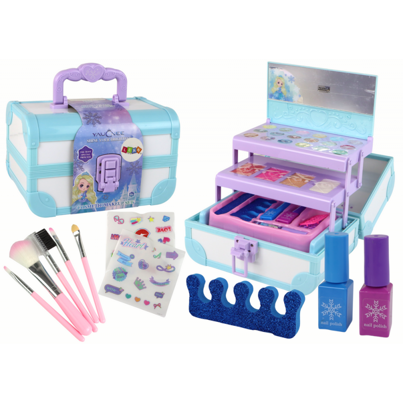 Set of beauty cosmetics for make-up doing nails in a blue case