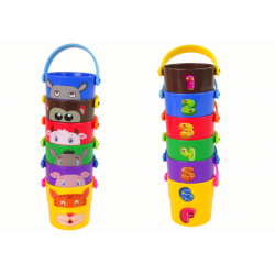 A set of colorful buckets with animals - a pyramid