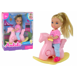 Baby doll for children on a rocking chair, pink rocking horse