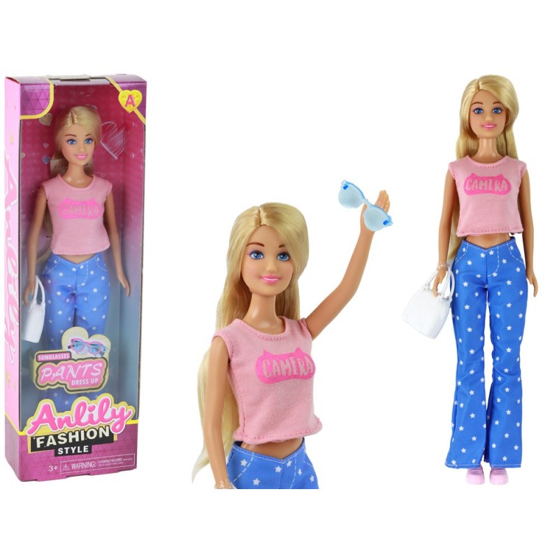 Anlily Children's Doll Long Blonde Hair Handbag Glasses Pink Blouse