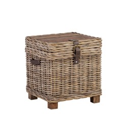 Trunk-side table EGROS 42x42xH43cm table top  recycled wood, wooden frame with natural rattan weaving, color  grey