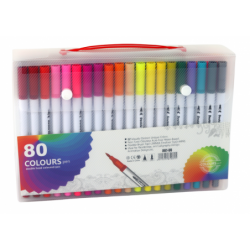 Set of 80 colored marker pens in an organizer