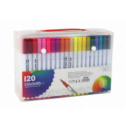 Set of 120 colored marker pens in an organizer