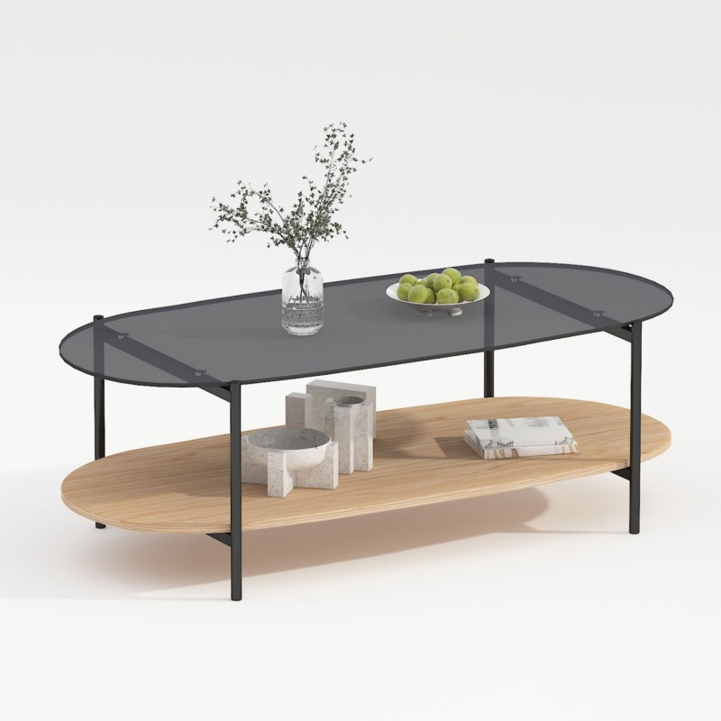 Coffee table CINDY 120x55xH40cm, grey glass melamine oak