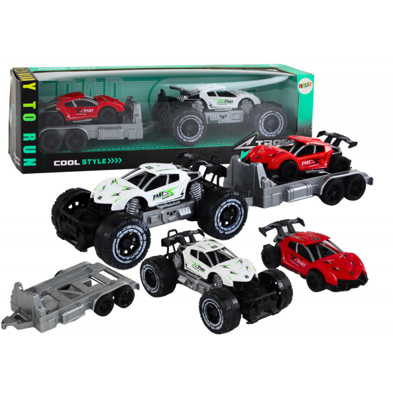 Set: White Off-Road Car, Red Sports Car, Tow Truck