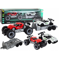 Set of Red Off-Road Car and White Sports Car Tow Truck
