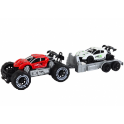 Set of Red Off-Road Car and White Sports Car Tow Truck