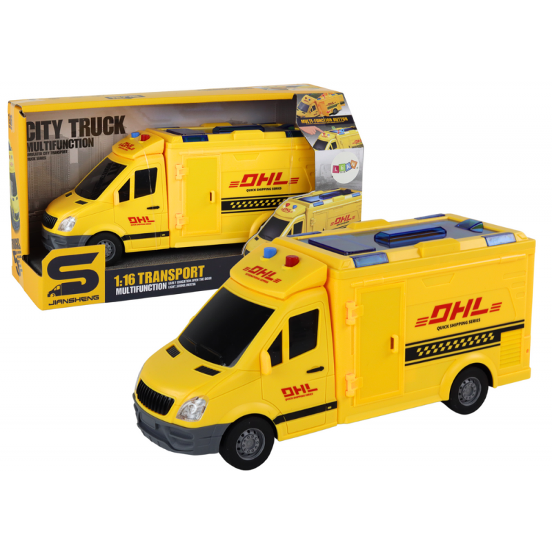 Delivery Car 1:16 Friction Drive Opening Doors Lights Yellow Sounds