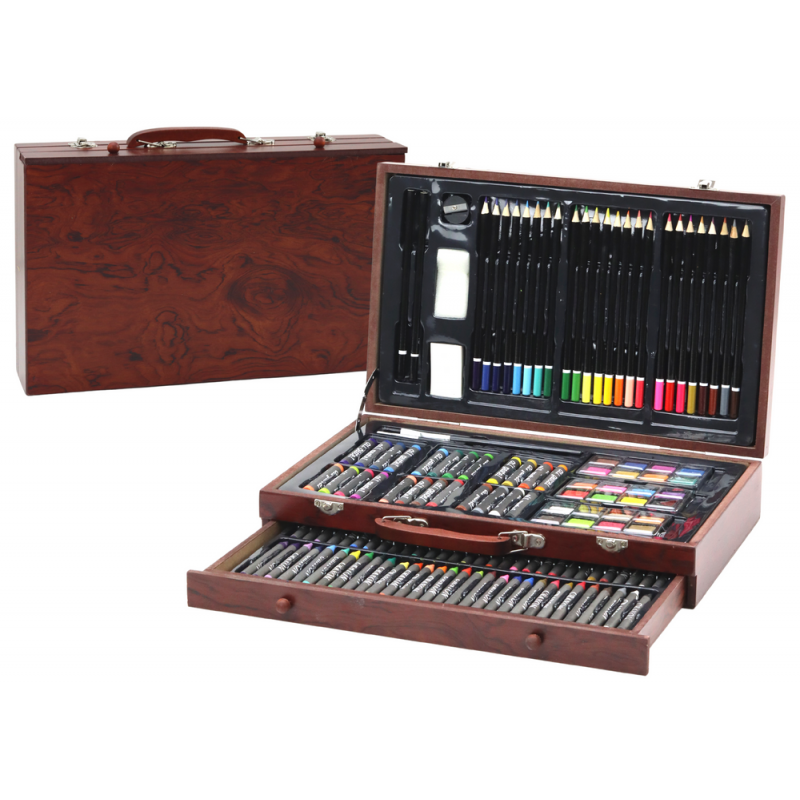 Art Set In Wooden Suitcase Crayons Pastels Paints