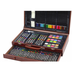 Art Set In Wooden Suitcase Crayons Pastels Paints