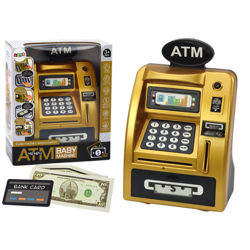 ATM Piggy Bank For Children Learning To Save Gold Black