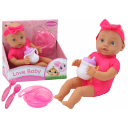 Baby doll, pink clothes, headband, feeding accessories