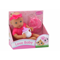 Baby doll, pink clothes, headband, feeding accessories