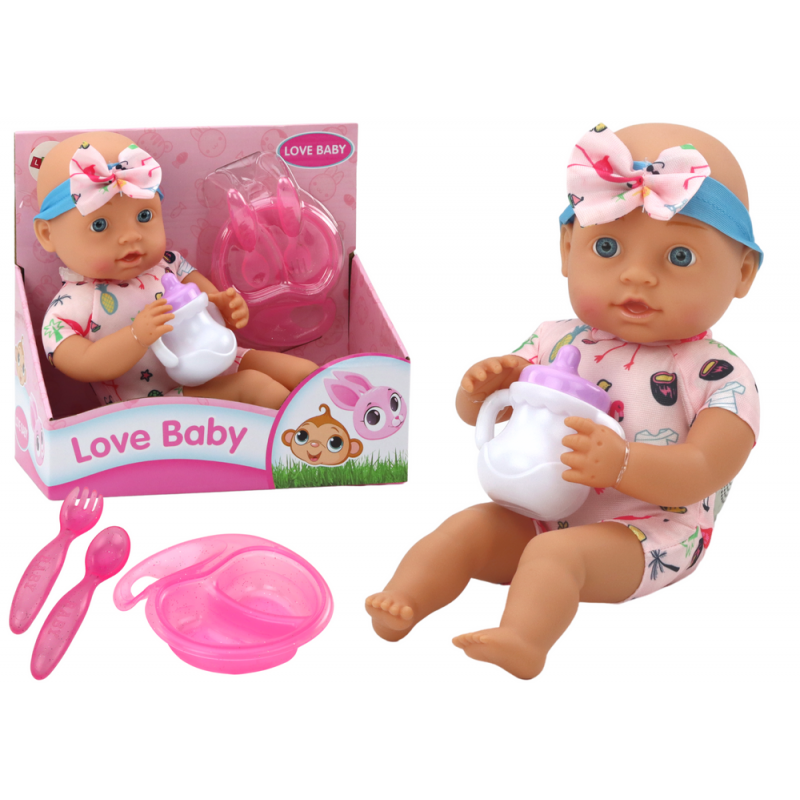 Baby doll, clothes with flamingos, headband, feeding accessories