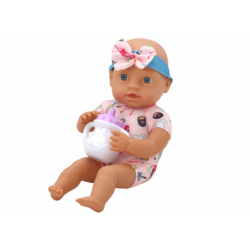 Baby doll, clothes with flamingos, headband, feeding accessories