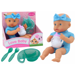 Baby doll, headband, feeding accessories, blue