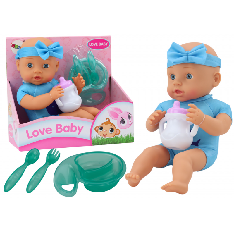 Baby doll, headband, feeding accessories, blue
