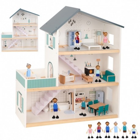 TOOKY TOY Large Wooden Dollhouse + FSC Figures