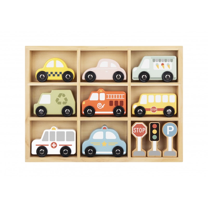 TOOKY TOY Set of Wooden Vehicles and Road Signs in a Box