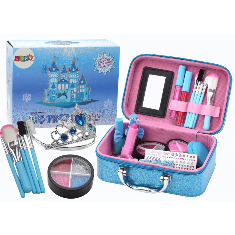 A set of cosmetics in a Crown Blue nail makeup case