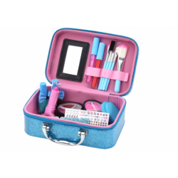 A set of cosmetics in a Crown Blue nail makeup case