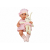 Baby doll in a bunny carrier in a pink checkered outfit