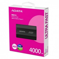 External SSD ADATA SD810 4TB USB-C Write speed 2000 MBytes/sec Read speed 2000 MBytes/sec SD810-4000G-CBK