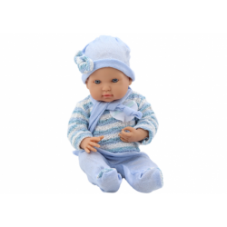 Baby doll, striped sweater, hat, blue scarf