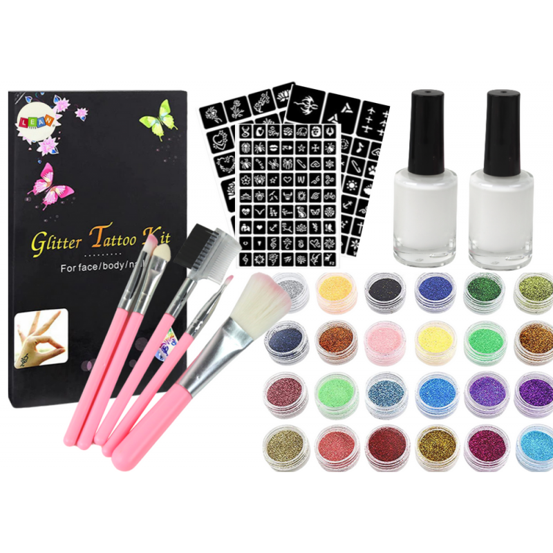 Glitter Tattoo Kit, Glue Brushes, 120 Designs
