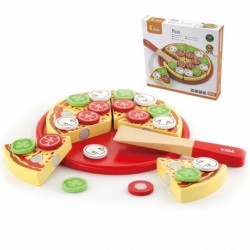A wooden pizza for cutting with Viga Toys accessories