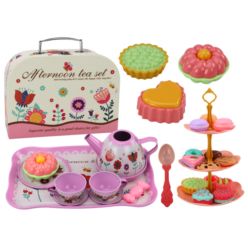 Tea set in a suitcase, cups, plates, cake stand