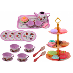 Tea set in a suitcase, cups, plates, cake stand