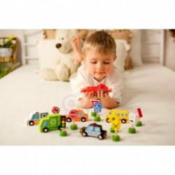 TOOKY TOY Set of Wooden Vehicles and Road Signs