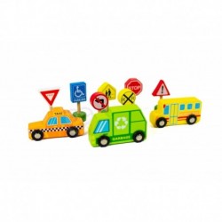 TOOKY TOY Set of Wooden Vehicles and Road Signs