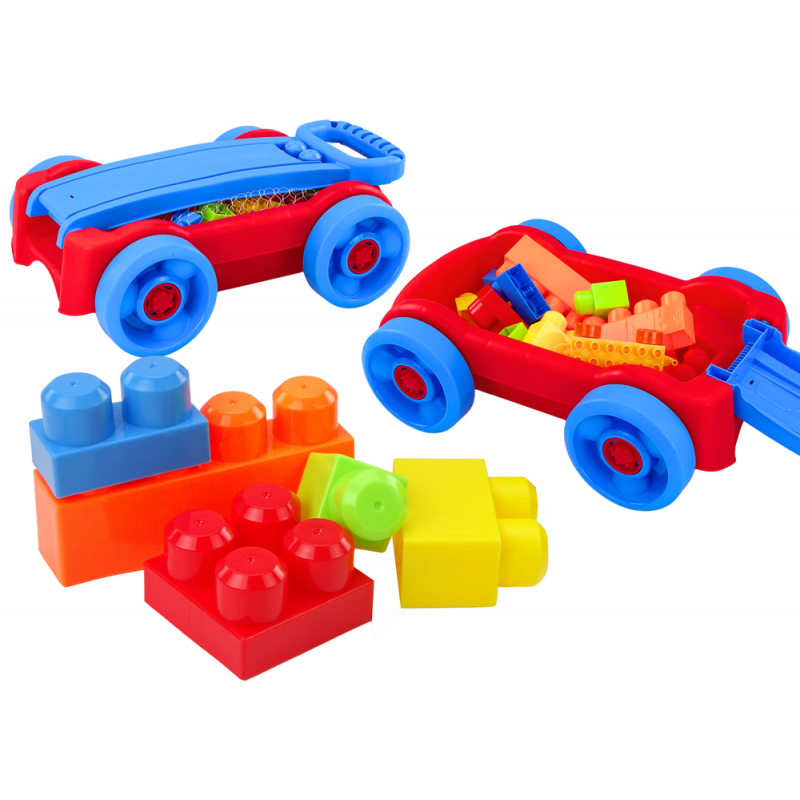 Set of blocks in a blue and red wheeled cart