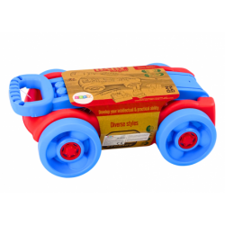Set of blocks in a blue and red wheeled cart