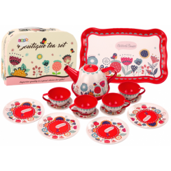 Tea and coffee set in a box, plates, cups, red