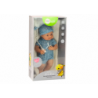 Baby doll in blue clothes, hat, pacifier, and blanket