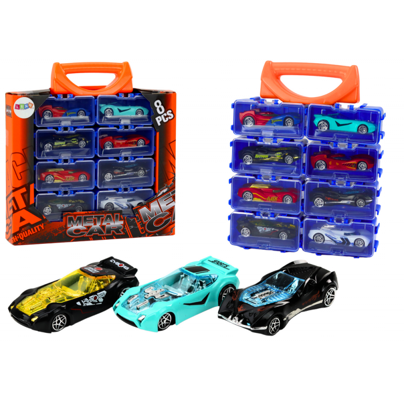 A set of cars with springs in a metal suitcase, 8 pieces