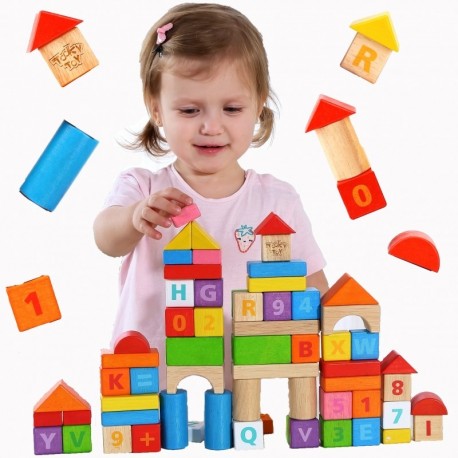 TOOKY TOY Wooden Blocks in Bucket Learning Numbers Actions Letters 70 El.